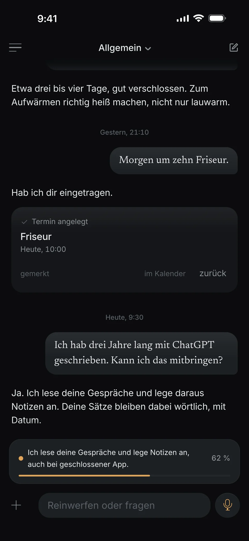 Ein Chat in dunel: „Ich hab drei Jahre lang mit ChatGPT geschrieben. Kann ich das mitbringen?“ dunel sagt ja. Eine Karte zeigt: Ich lese deine Gespräche und lege Notizen an, auch bei geschlossener App. 62 Prozent.