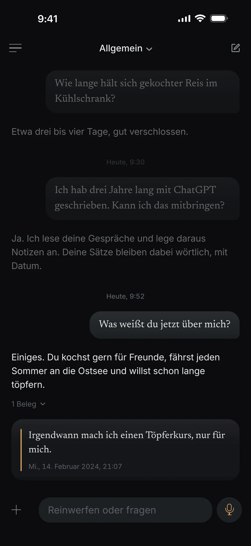 Der Chat nach dem Import. Du fragst: Was weißt du jetzt über mich? dunel antwortet: Einiges. Du kochst gern für Freunde, fährst jeden Sommer an die Ostsee und willst schon lange töpfern. Darunter dein Satz vom Mittwoch, 14. Februar 2024: Irgendwann mach ich einen Töpferkurs, nur für mich.