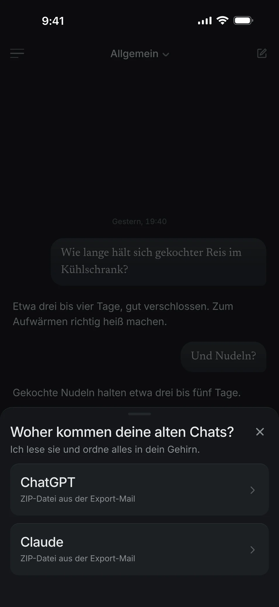 Das Blatt in dunel: Woher kommen deine alten Chats? Zur Wahl stehen ChatGPT und Claude.