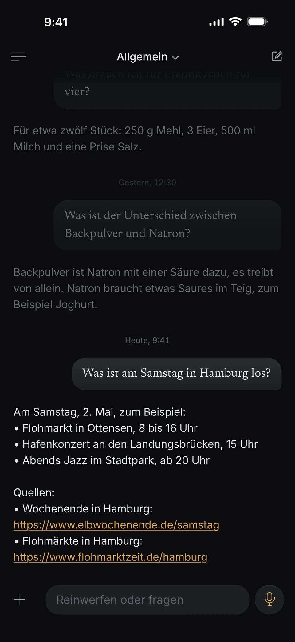 Du fragst: Was ist am Samstag in Hamburg los? dunel antwortet: Am Samstag, 2. Mai, zum Beispiel ein Flohmarkt in Ottensen, ein Hafenkonzert an den Landungsbrücken und abends Jazz im Stadtpark. Darunter zwei Quellen mit Links.