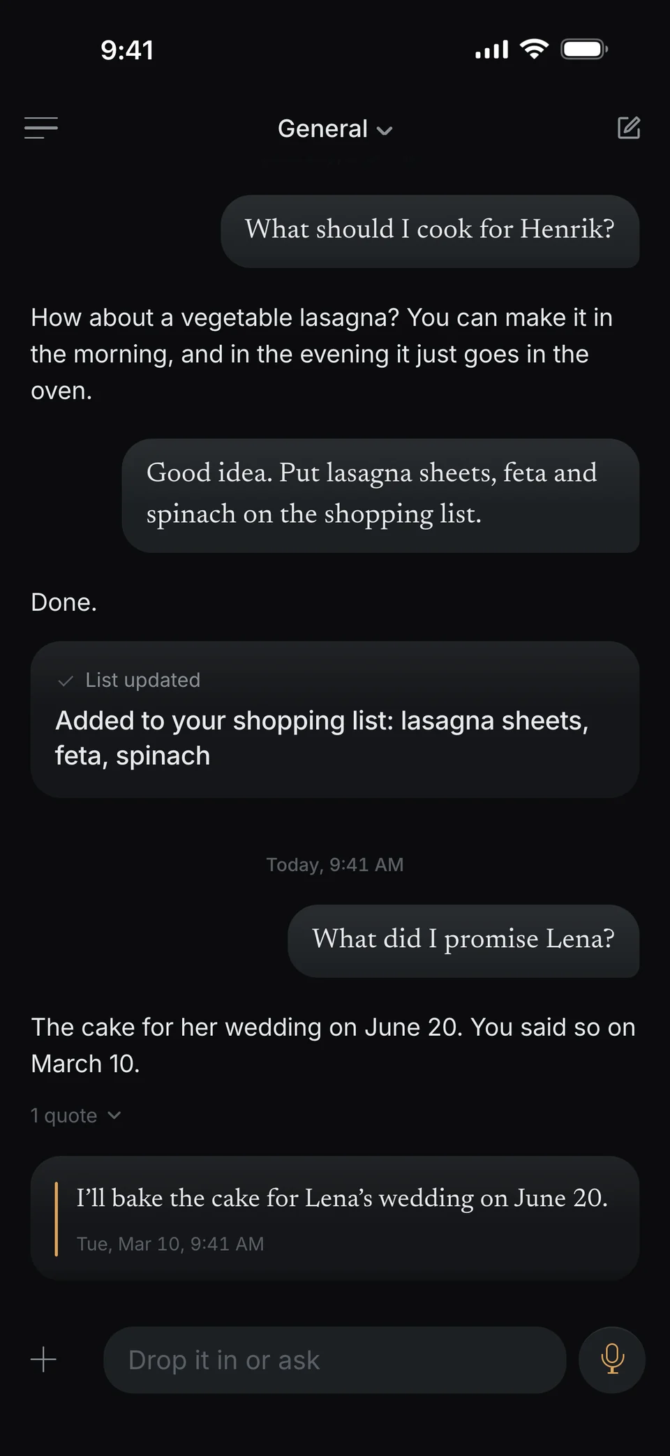 Un chat en dunel: preguntas «¿Qué le prometí a Lena?» y dunel responde «El pastel para su boda el 20 de junio. Me lo dijiste el 10 de marzo.» Debajo, tus palabras «Yo hago el pastel para la boda de Lena el 20 de junio.» del martes 10 de marzo, 9:41.