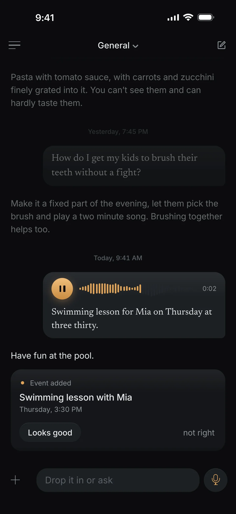 A voice message in dunel: “Swimming lesson for Mia on Thursday at three thirty.” Below it the card Event added: Swimming lesson with Mia, Thursday, 3:30 PM.