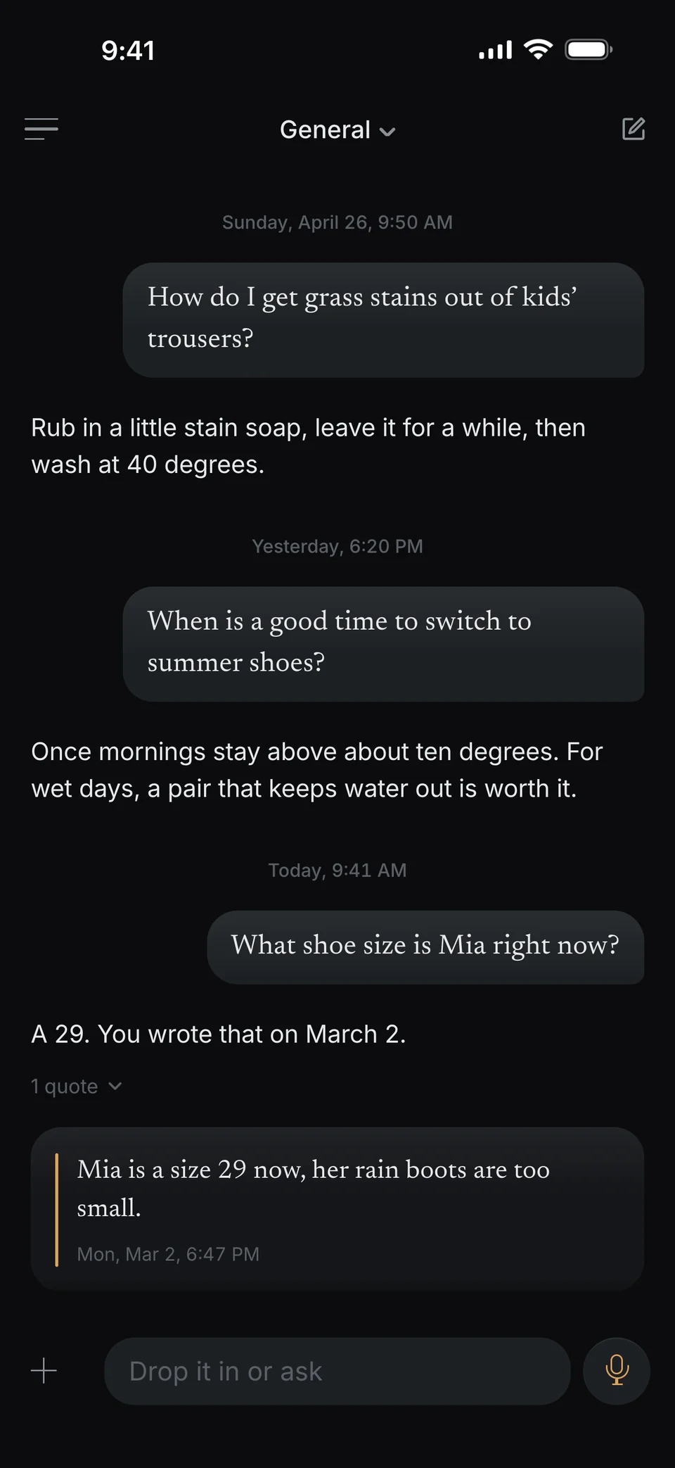 Una chat in dunel: chiedi «Che numero di scarpe porta Mia adesso?», dunel risponde «Il 29. L’hai scritto il 2 marzo.» Sotto, la tua frase «Mia ora porta il 29, gli stivali da pioggia le vanno stretti.» di lunedì 2 marzo, 18:47.