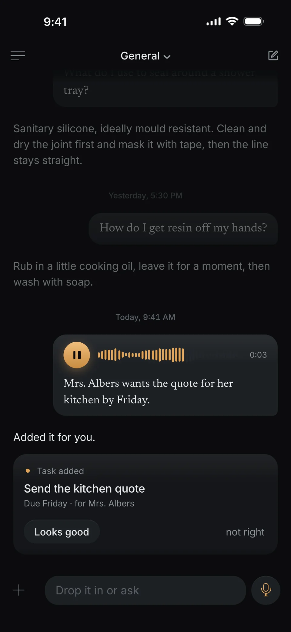 A voice message in dunel: “Mrs. Albers wants the quote for her kitchen by Friday.” Below it the card Task added: Send the kitchen quote, due Friday, for Mrs. Albers.
