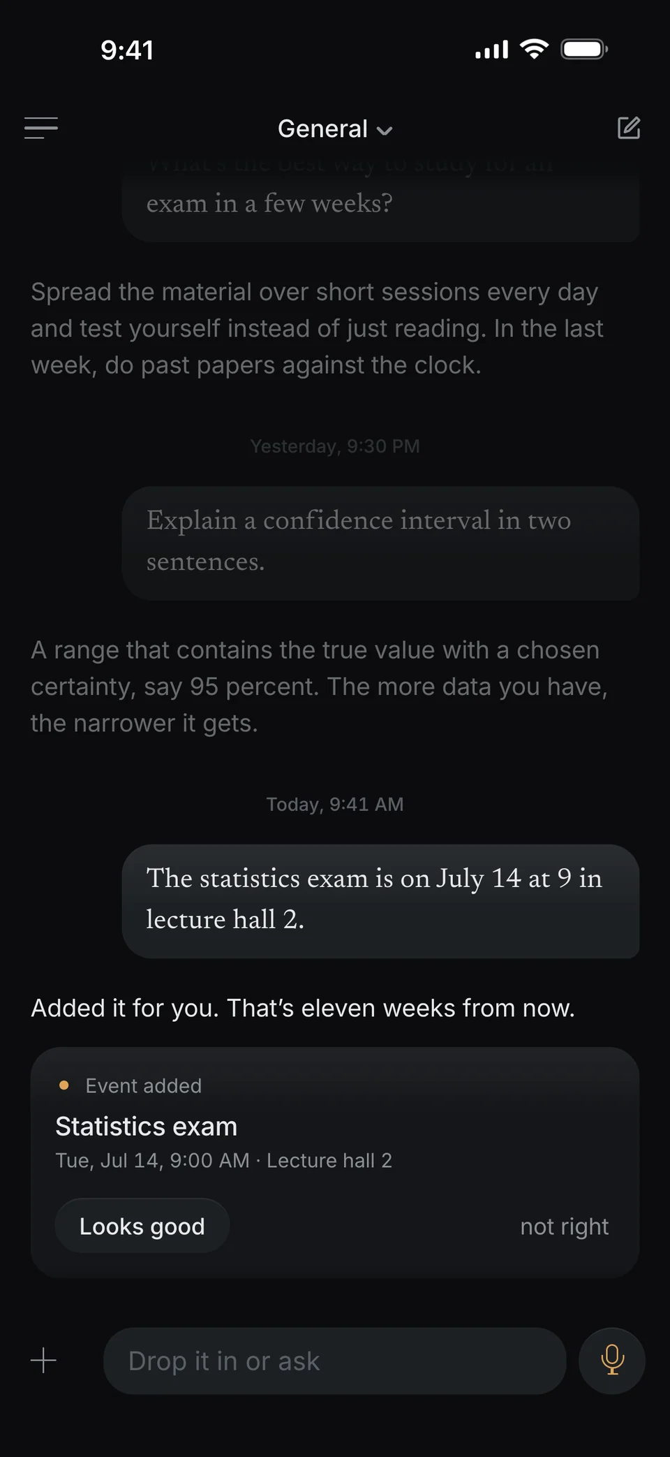 A chat in dunel: “The statistics exam is on July 14 at 9 in lecture hall 2.” dunel answers “Added it for you. That’s eleven weeks from now.” Below it the card Event added: Statistics exam, Tuesday, July 14, 9:00 AM, Lecture hall 2.