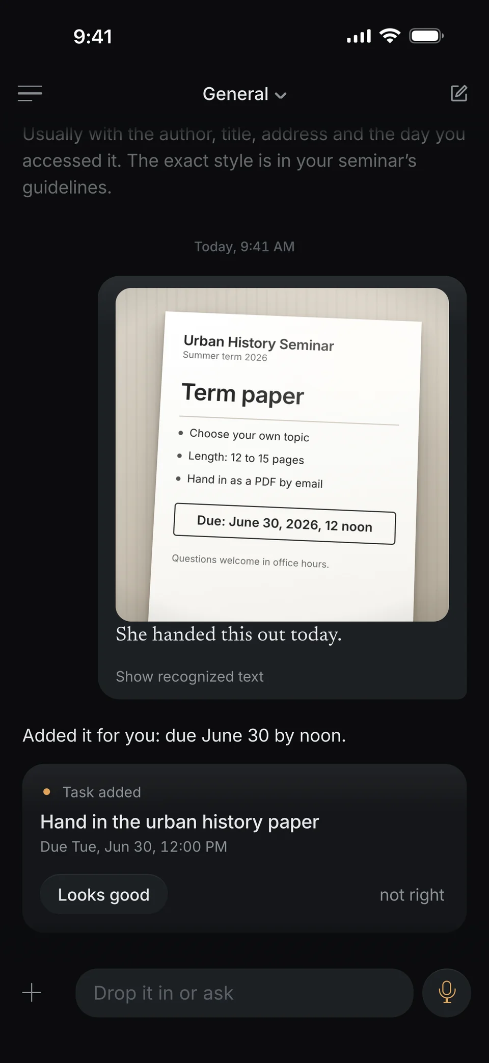 A photo of a handout: Urban History Seminar, term paper, 12 to 15 pages, due June 30, 2026, 12 noon, with the words “She handed this out today.” Below it the card Task added: Hand in the urban history paper, due Tuesday, June 30, 12:00 PM.