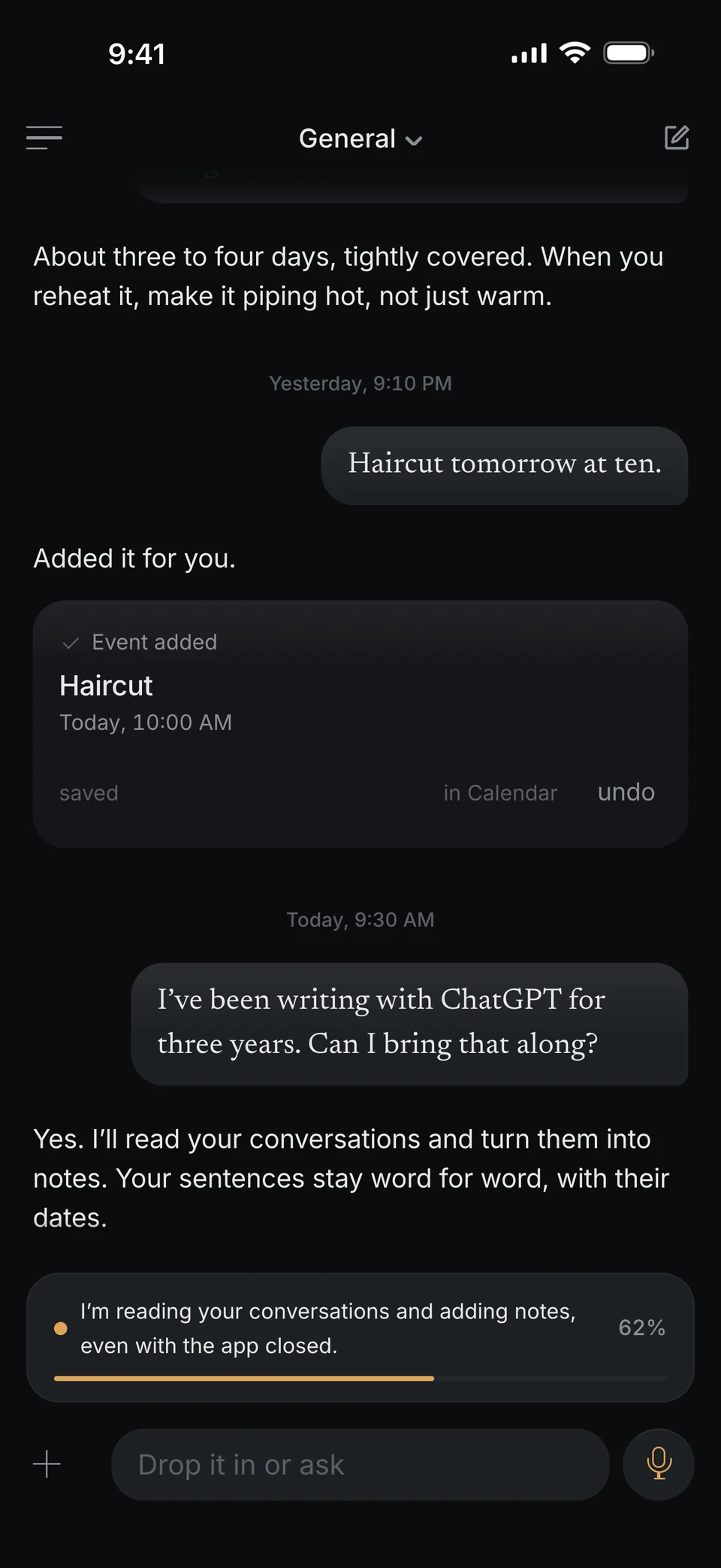 Un chat en dunel: «Llevo tres años escribiendo con ChatGPT. ¿Puedo traerlo?» dunel dice que sí. Una tarjeta muestra: Estoy leyendo tus conversaciones y tomando notas, aunque la app esté cerrada. 62 por ciento.