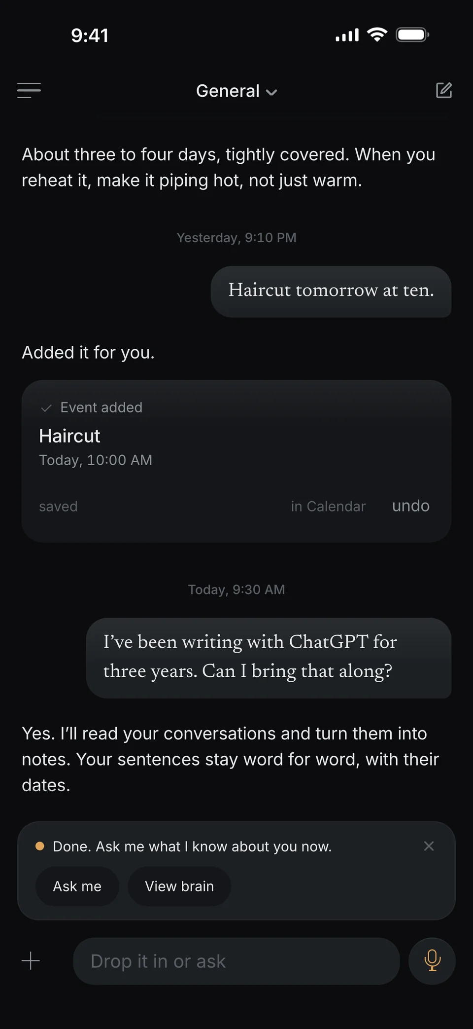 dunel su un iPhone. In chat, la domanda «Scrivo con ChatGPT da tre anni. Posso portarlo qui?» Sopra il campo del messaggio, una scheda dice: Fatto. Chiedimi cosa so di te adesso. Accanto, i pulsanti Chiedimi e Vedi il cervello.