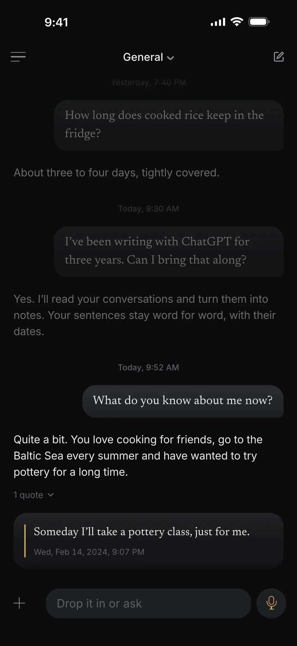 El chat después de la importación. Preguntas: ¿Qué sabes ahora de mí? dunel responde: Bastante. Te encanta cocinar para tus amigos, cada verano vas al mar Báltico y hace tiempo que quieres probar la cerámica. Debajo, tus propias palabras del miércoles 14 de febrero de 2024: Algún día haré un curso de cerámica, solo para mí.
