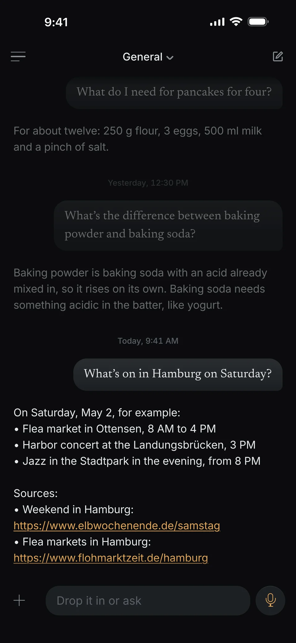 Preguntas: ¿Qué hay el sábado en Hamburgo? dunel responde: El sábado 2 de mayo, por ejemplo, un mercadillo en Ottensen, un concierto en el puerto, en los Landungsbrücken, y por la noche jazz en el Stadtpark. Debajo, dos fuentes con enlace.