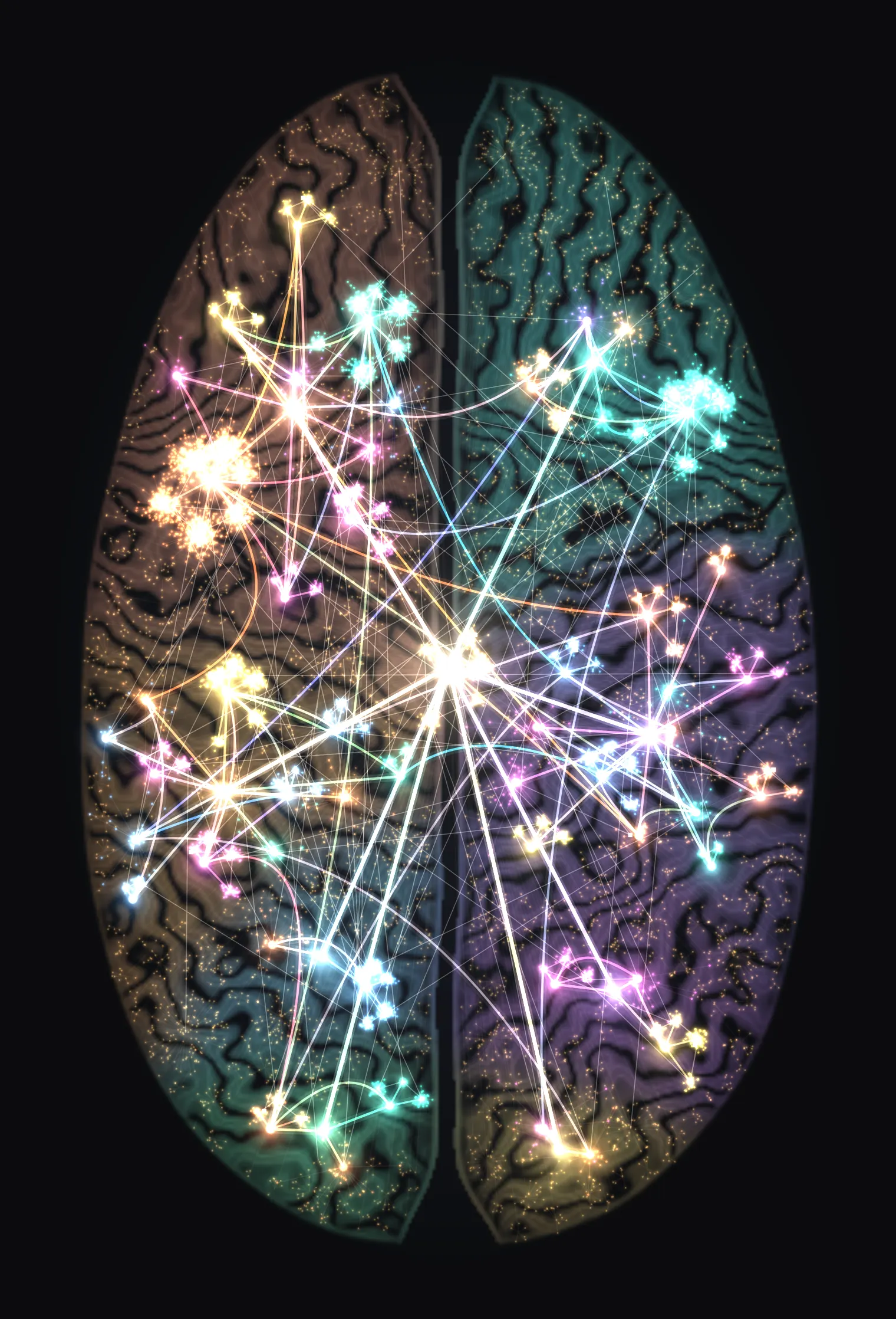 El cerebro en dunel: miles de puntos de luz con forma de cerebro, agrupados por temas.
